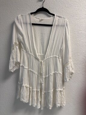 Women’s Cover up White Lace-Trim Open Front Tunic SM